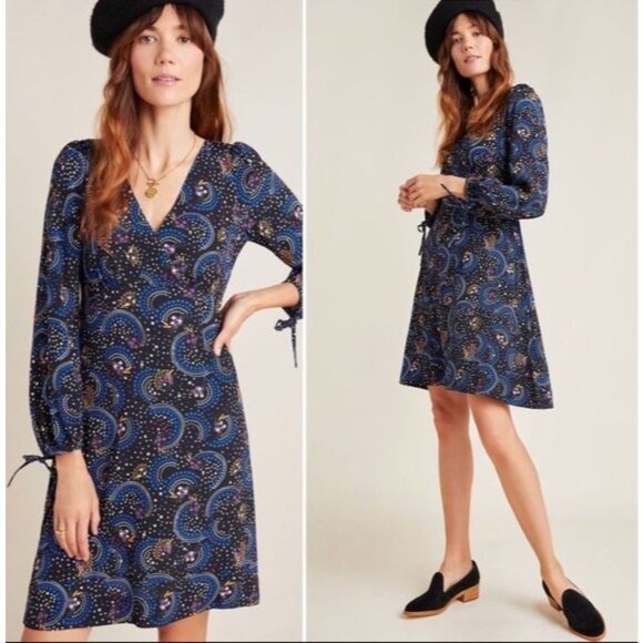 Maeve By Anthropologie Womens 4 Petite Gianna Celestial Print Dress Long Sleeve - Picture 1 of 14